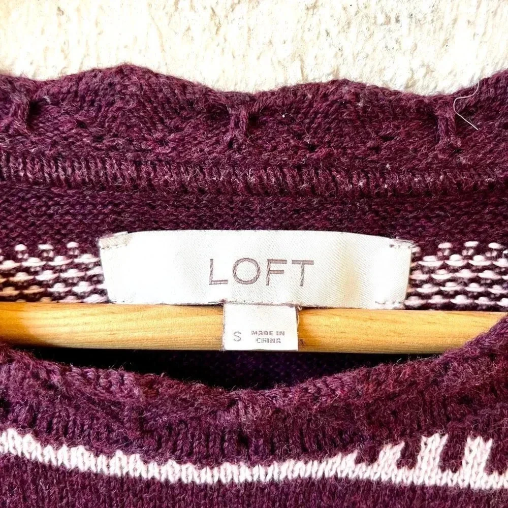 Loft Shimmer Stripe Pointelle Sweater Maroon Size Small